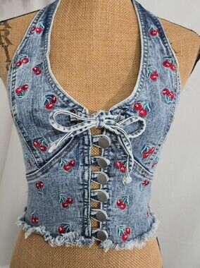 SHEIN Light Blue Denim Crop Top with Red Cherry Embroidery
